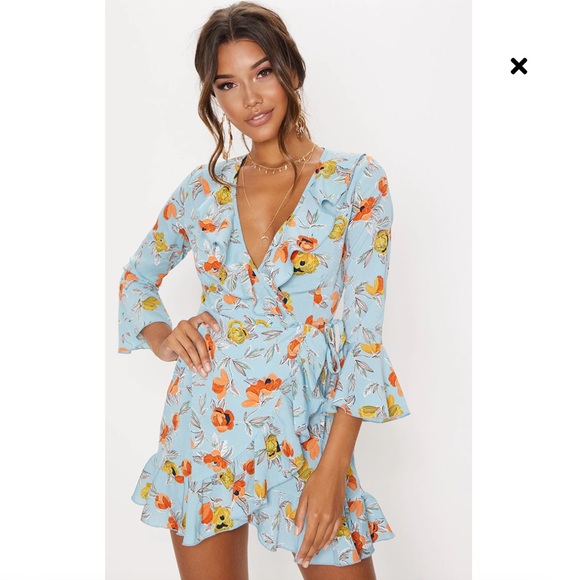 NWT Turquoise Floral Printed Frill Wrap Tea Dress - Picture 2 of 13